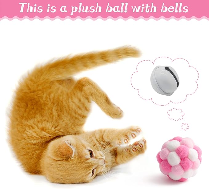 MALLMALL6 10Pcs Cat Toy Set Interactive Cat Toys Pack Including Feather Teaser Wand Cat Springs Mice Crinkle Balls and Pet Bell Balls, Puzzle Toys for Indoor Cats Gift (Pink)