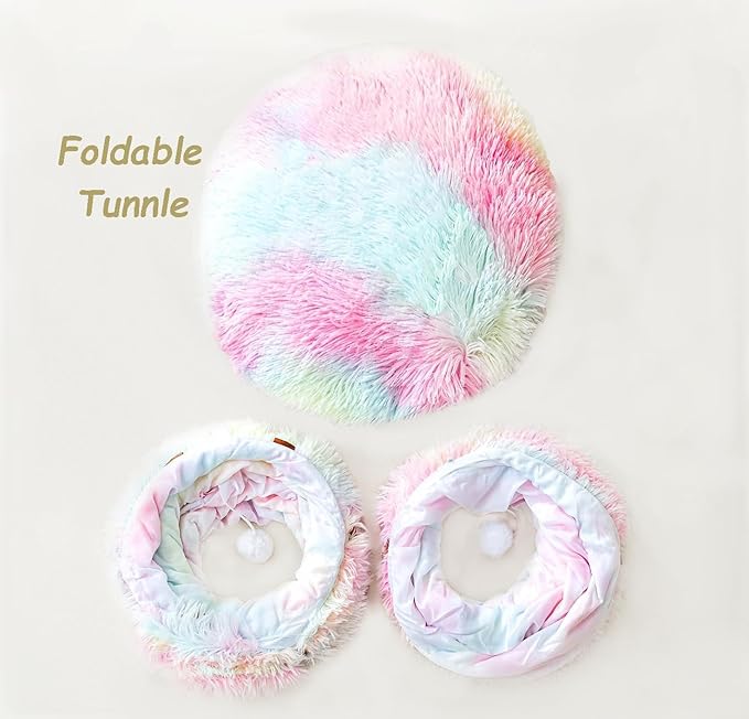 Cat Tunnel Bed, Tunnels for Indoor Cats Soft Warm Colorful Plush, Collapsible Interactive Tube Toys, Maze House with Peek Holes Dangling Ball for Rabbit, Kitten, Kitty, Puppy