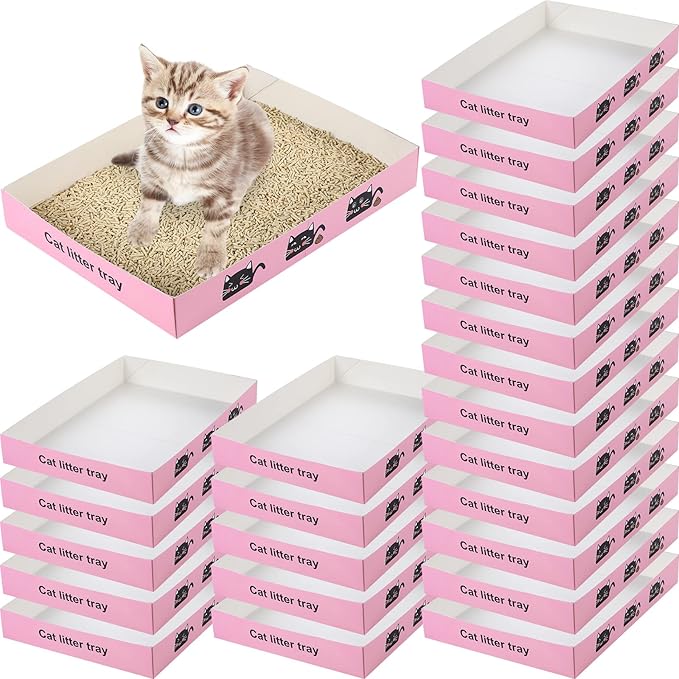 30 Pack Disposable Cat Litter Box Foldable Paper Kitty Tray 13.8x10x2 in Small Lightweight Cardboard Box Water Proof for Indoor Low Entry Easy Disposal Non Clumping Nice Absorption Portable (Pink)