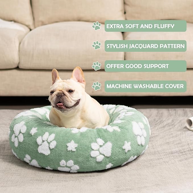 Donut Dog Beds for Small Dogs, Calming Round Cat Beds for Indoor Cats, Cute 3D Textured Paw Pet Bed with Removable Washable Cover and Anti-Slip Bottom（Green，20"）