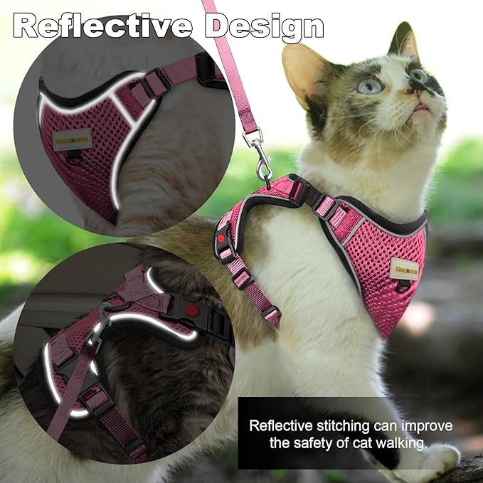 Cat Harness and Leash for Walking, Retractable Cat Harnesses and Leash Set Escape Proof, Breathable Soft Kitten Harness Small Large Cat Harness for Travel Training and Walking, Pink, XXS