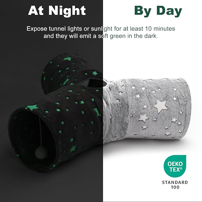 Love's cabin Cat Tunnel Tube Cat Toys 3 Way Collapsible, Self-Luminous Cat Tunnels for Indoor Cats，Kitten Tunnel Bored Cat Play Tunnel with Peek Hole Toy Ball for Cat, Kitty, Kitten, Puppy Grey
