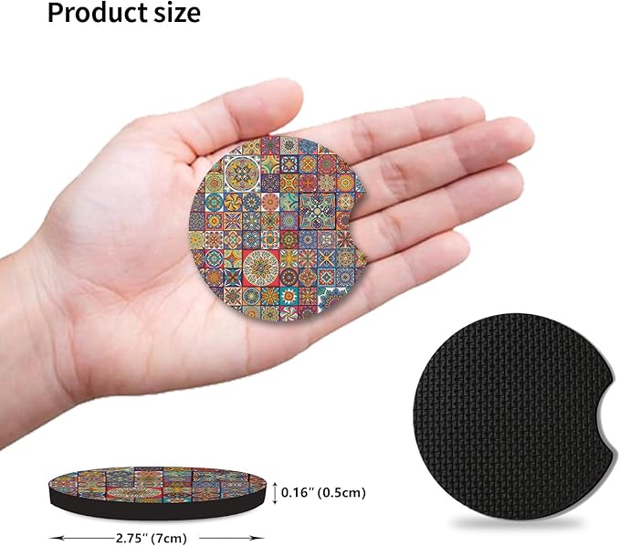 Car Coasters, Boho Absorbent Car Cup Holder Coasters, 2.75inch, Mandala Style for Women Men, 2 Pack Absorbent Universal Neoprene Car Coasters with Finger Slot