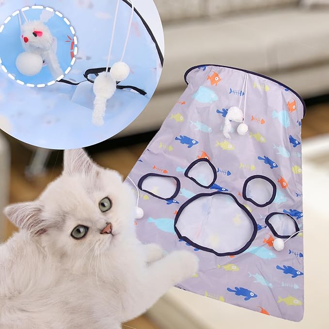 Cat Tunnel Bag Kitty Collapsible Tunnel Toy Crinkle Sack Bag Pet Interactive Cat Cave Toy with 1 Little Mouse & 3 Toy Ball Grey S