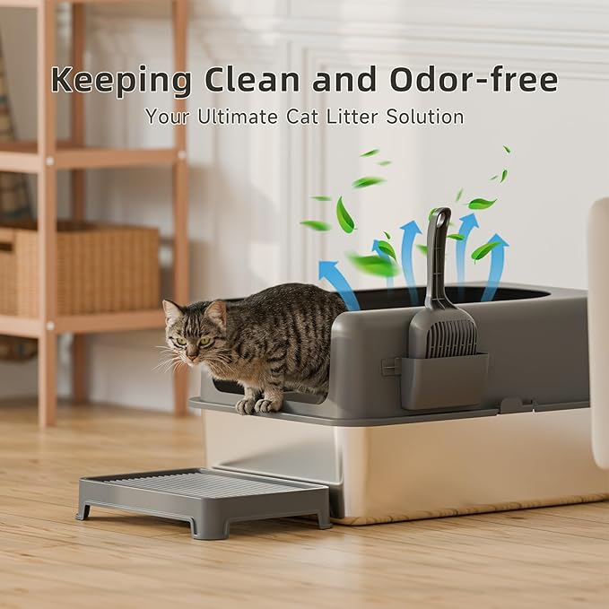 High-Sided Stainless Steel Cat Litter Box,Stainless Steel Litter Box with Lid,Extra Large Litter Box,Easy-to-Clean Metal Litter Pan for Cats (24''L X 16''W X 12''H with Scoop&mat)