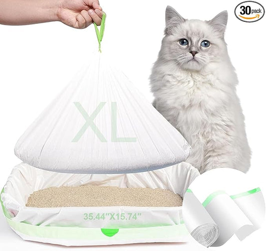 30 Count Cat Litter Liners XL, 36" x 16" Cat Litter Box Bags with Drawstring, Self Cleaning Litter Box Bags