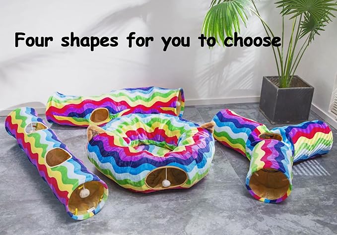 LUCKITTY Cat Tunnel - 3 Way-Shaped, Rainbow Wave Color, Soft Velvet Exterior, Oxford Fabric Fog-Proof Interior, Plush Toy Ball, Easily Washable, Conveniently Foldable