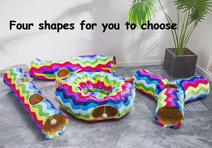 LUCKITTY Large Cat Tunnel Bed with Plush Cover,Fluffy Toy Balls, Small Cushion and Flexible Design- 10 inch Diameter, 3 ft Length- Great for Cats, and Small Dogs, Rainbow Wave Color