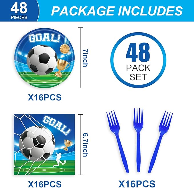 48Pcs Soccer Birthday Party Decorations Sports Theme Tableware Set Football Disposable Plates Napkins Forks Serves 16 Men’s Boy’s Soccer Birthday Party Decorations