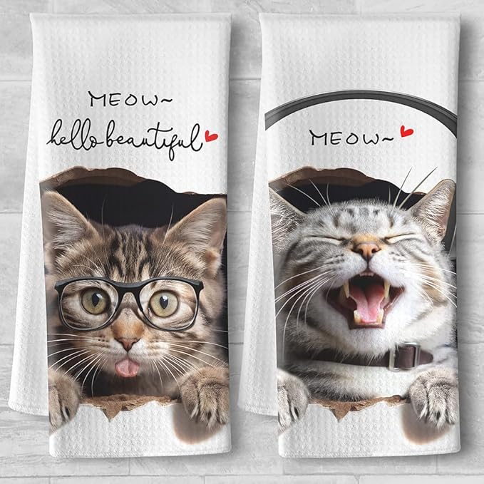 2-Pack Decorative Kitchen Towels Set with Playful Peeking Design-Absorbent&Quick-Drying Dish Towels for Cooking,Bathroom Decor-Funny Cat Lover Gifts for Women,Cute Animal Theme Hand Towels ( Durable)