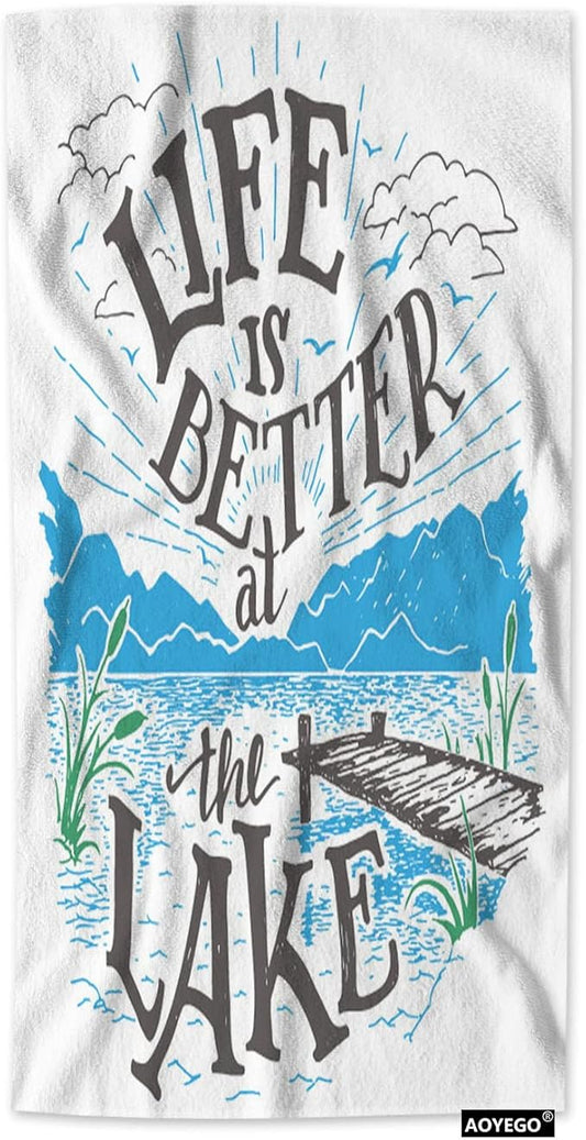 AOYEGO Lake House Sign Hand Towel Life is Better at The Lake Lakeside Living Cabin Towels Cotton Face Towel Bath Kitchen Decor Set for Women Men Girls Boys 15x30 Inch