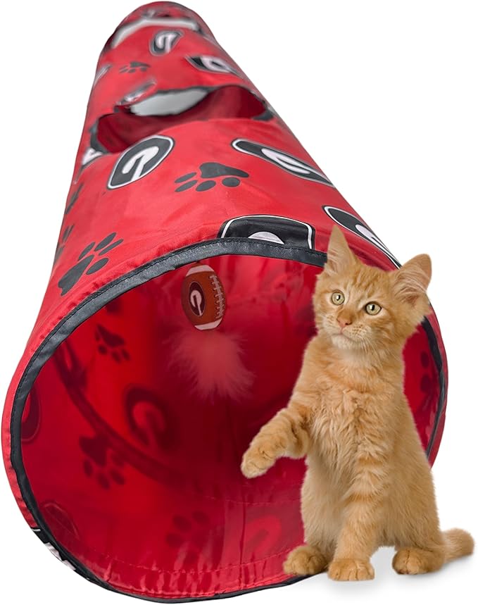 NCAA Georgia Bulldogs Cat Tunnel Tube Toy with Plush Football Catnip and Feathers