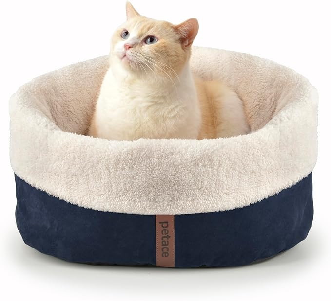 Self Warming Cat Bed, 17.7" x 13.7" Anti-Slip Soft Round Thermal Pet Cushion Bed for Kittens, Cats, Puppies and Small Dogs, Blue