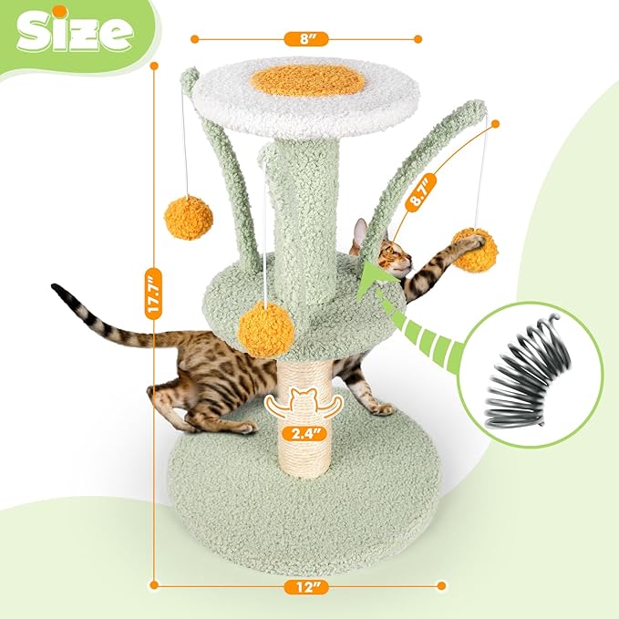 Cat Scratching Post - Cute Smaller Cat Tree Kitten Scratcher Sisal Scratch Posts with 3 Spring Ball, 18’’ Tall Cat Scratchers for Indoor Cats, Kittens (Mint Green)