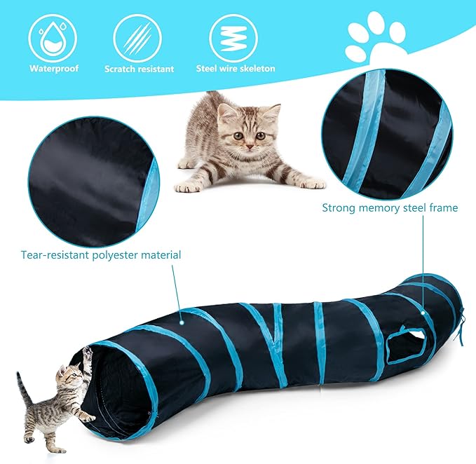 Sheldamy Cat Tunnel, S-2-Way Cat Tunnels for Indoor Cats, Collapsible Cat Play Tunnel, Interactive Toy Maze Cat House with 1 Play Ball for Cats, Puppy, Kitty, Kitten, Rabbit (Blue & Black)