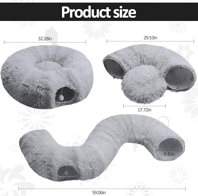 Cat Tunnel Bed with Central Mat, Soft Fluffy Plush Cat Tube Playground Toys, Collapsible Multi-Combinations Donut Circle Tunnel for Indoor Cat Kitten Kitty Puppy Rabbit Ferret (Gray)