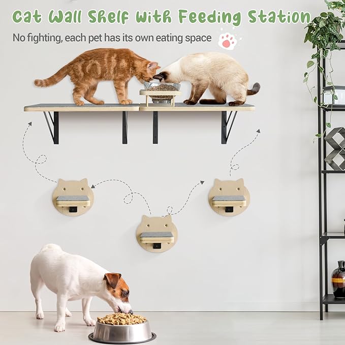 Cat Wall Shelves Set of 2, Cat Shelves and Perches for Wall, Cat Shelves Wall Mount for Large Cat, Cat Wall Furniture with 3 Cat Wall Steps, Cat Climbing Shelf, Cat Wall Shelf with 2 Cat Food Shelf