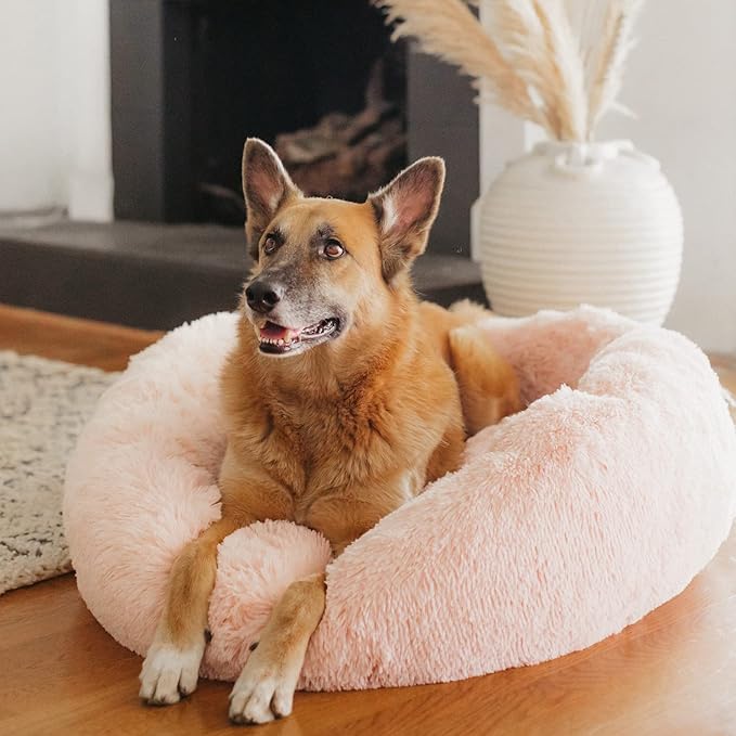 Best Friends by Sheri Bundle Set The Original Calming Shag Donut Cuddler Cat and Dog Bed + Pet Throw Blanket Cotton Candy Pink Large 36" x 36"