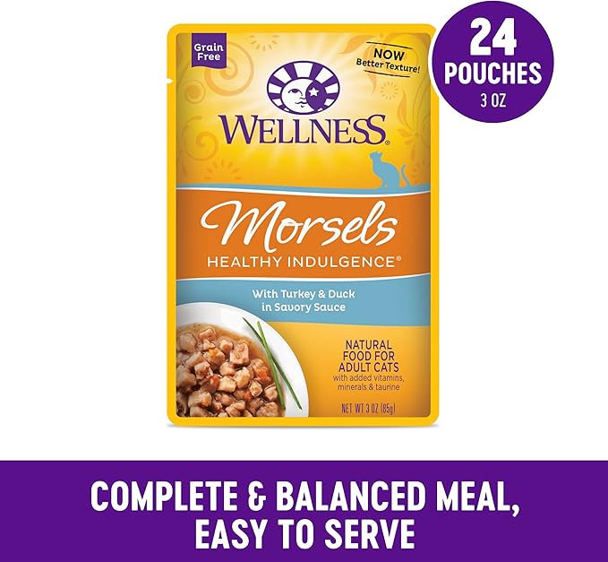 Wellness Healthy Indulgence Morsels Grain-Free Wet Cat Food, Made with Natural Ingredients and Quality Proteins, Complete and Balanced Meal, 3 oz Pouches (Turkey & Duck in Savory Sauce, 24 Pack)