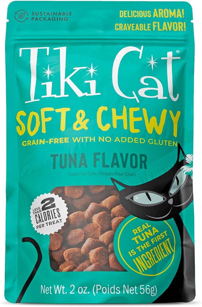 Tiki Cat Soft & Chewy Treats, Tuna Flavor, 3 Calories Per Treat with Grain-Free and No Added Gluten, 2 oz Pouch