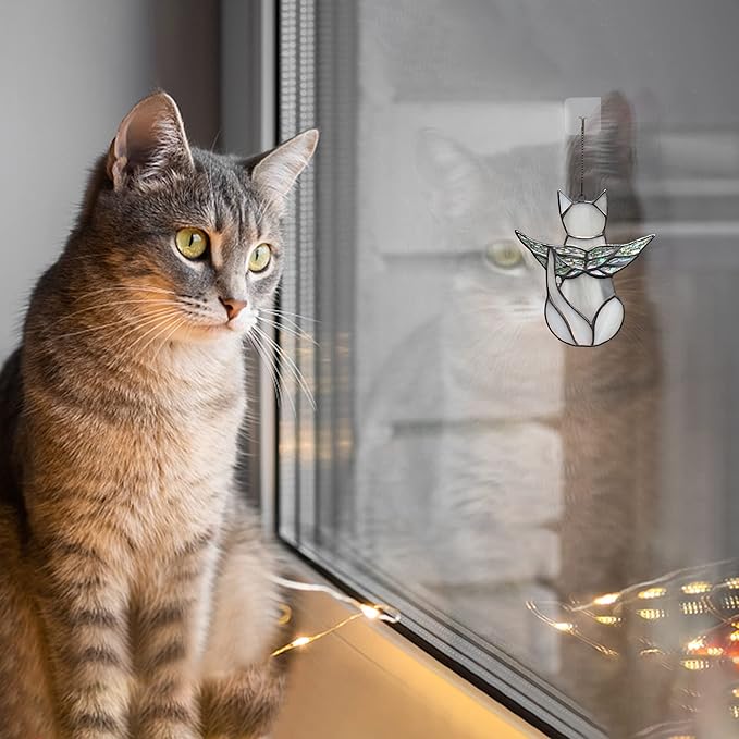 BOXCASA Cat Memorial Gifts for Loss of a Cat - Iridescent Angel Wing Suncatchers for Stained Glass Window Hangings,Loss of Pet Sympathy Gift for Women