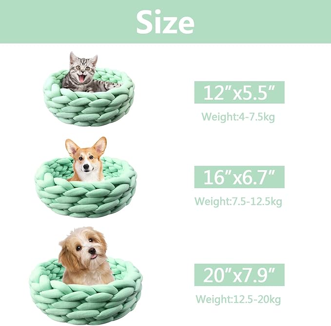 Lucky Monet Cat Basket Bed Cotton Knitted Round Pet Beds for Cats Cute Boho Cat Pet Bed Warm Woven Cat Nest for Puppy Kitten Cats Dogs (11.8", Mint Green)
