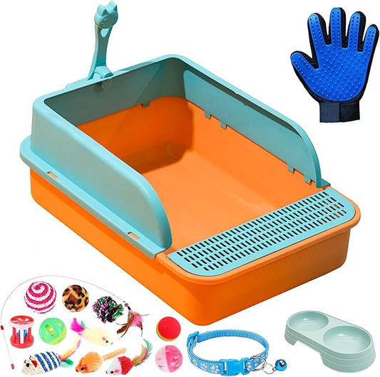 BNOSDM Sifting Litter Box Open Cat Litter Box with High Sides Detachable Kitten Toilet Semi-Enclosed Litter Tray Pan with 16 Piece Kitten Starter Kit for Small Cat Kitty, Orange