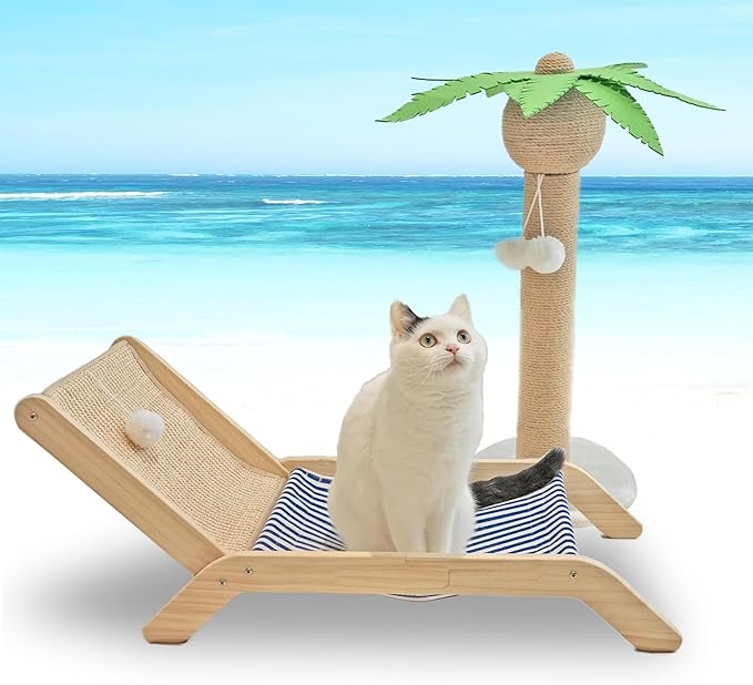 Cat Hammock with Coconut Palm Tree Scratching Post, Aberatail Cozy Beach Chair Elevated Cat Beds, Sisal Cat Tree Scratching Post for Indoor Cats (Post & Hammock)
