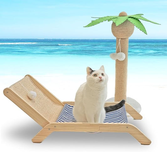 Cat Hammock with Coconut Palm Tree Scratching Post, Aberatail Cozy Beach Chair Elevated Cat Beds, Sisal Cat Tree Scratching Post for Indoor Cats (Post & Hammock)