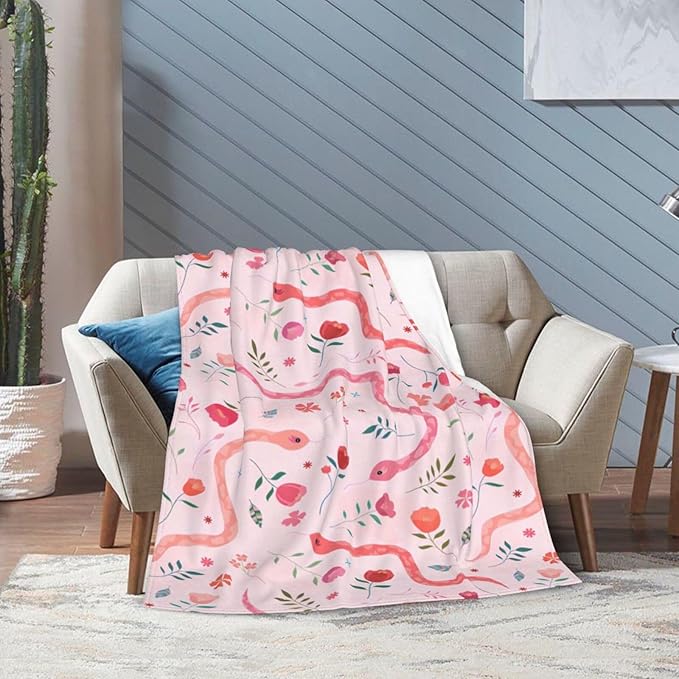 Cute Snake Reptile Blanket Ultra Soft Cozy Pink Flower Snake Throw Blanket Fleece Fuzzy Plush Bedding Blanket Real Snake Lovers Gifts for Women Girls Kids Adults Couch Sofa 60"x50"