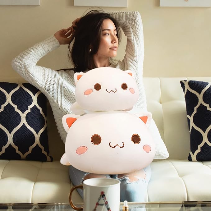 FUYU Cat Stuffed Animals, Soft Cat Plush Pillow Kawaii Kitten Stuffed Animal Toy Gifts for Kids Boys Girls Room Decor (White Round Eyes,35in/87)