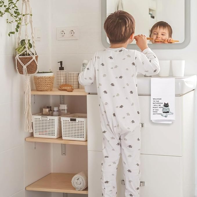 Black Cat Bathroom Hand Towels, Welcome to The Bathroom Humorous Black Cat Decorative Hand Towels, 16x24 Inch