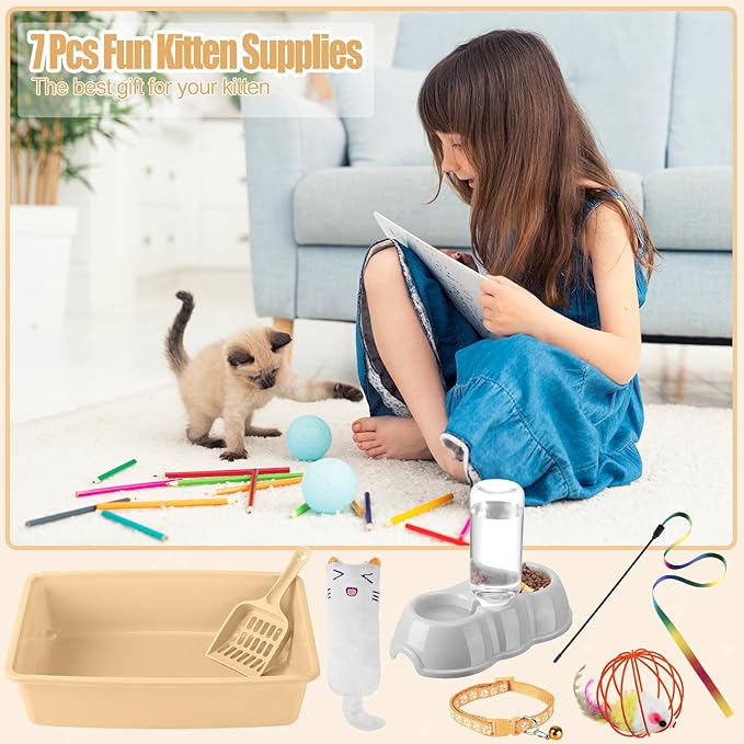 7 Pcs Small Cat Kitten Starter Kit Cat Litter Box with Shovel Cat Paw Litter Mat Double Automatic Cat Bowls Cat Toy Teaser Stick Cat Collar Essentials Kits for 1-3 Lbs Beginner (Khaki,Simple)
