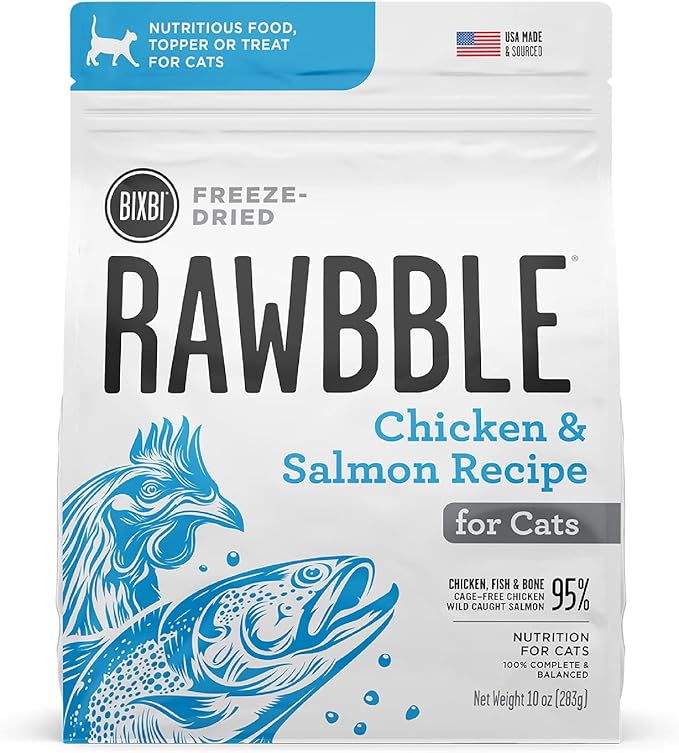 BIXBI Rawbble Freeze Dried Cat Food, Chicken & Salmon Recipe, 3.5 oz - 95% Meat and Organs, No Fillers - Pantry-Friendly Raw Cat Food for Meal, Treat or Food Topper - USA Made in Small Batches
