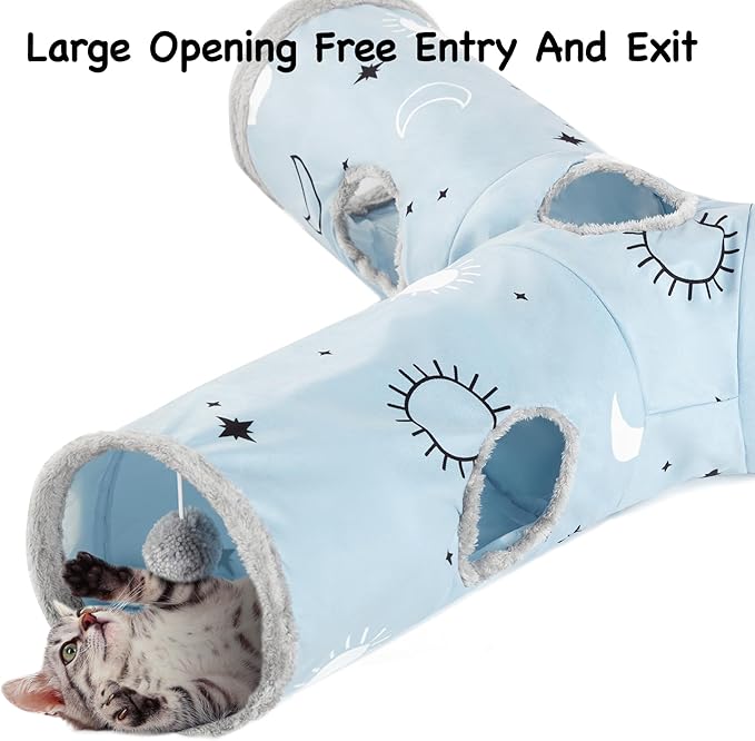 Tempcore Pet Cat Tunnel Tube Cat Toys 3 Way Collapsible, Cat Tunnels for Indoor Cats，Kitty Tunnel Bored Cat Pet Toys Peek Hole Toy Ball Cat, Puppy, Kitty, Kitten, Rabbit Blue Large Size Blue Sun