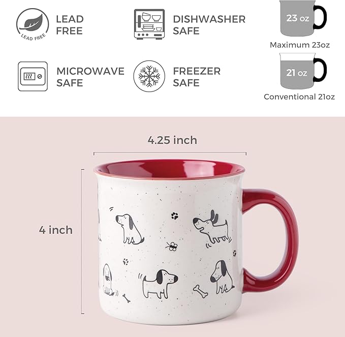 AmorArc 22 OZ Large Ceramic Coffee Mugs Set of 2, Oversized Mugs With Big Handle for Men Women Dad Mom, Big Mug With Textured Dogs Cats Patterns for Office & Home -Microwave Safe, 2 Pcs-Red
