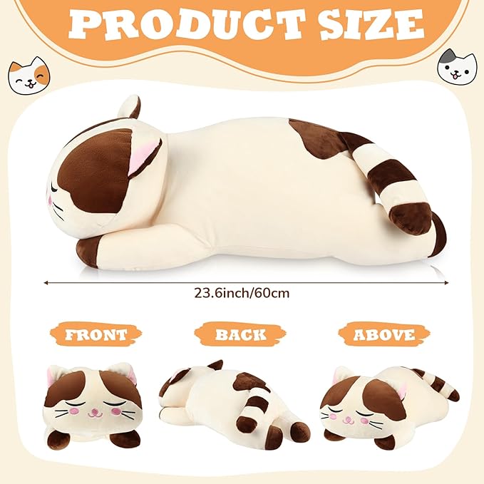 Jexine 2 Pcs 23.6'' Cat Plush Pillow, Cat Plush Hugging Pillow Large Kitty Kitten Plushies for Girls Soft Cute Stuffed Animal for Kids Christmas Birthday Gifts Cuddle, Gray and Brown