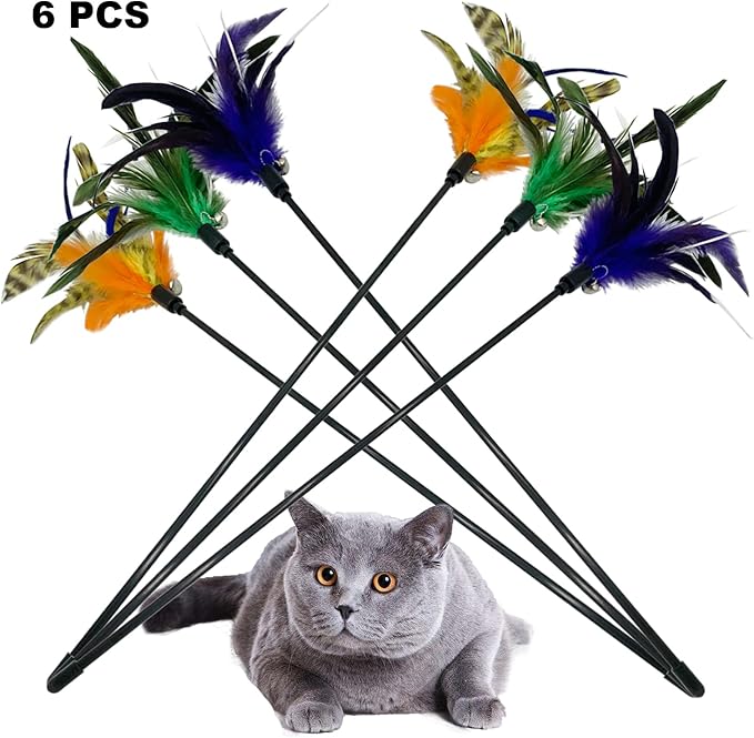 Cat Wand Toy Feather Stick Cat Toys, 6 PCS Cat Toy Feather Wand for Indoor Cats Play Exercise