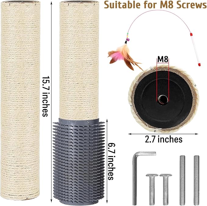 Cat Scratching Post Replacement Pole Refill 16in M8 Cats Tower Replacement Parts with Self Groomer Massager Spare Jute Kitty Tree Refurbishment Accessories for Indoor Kittens (Khaki)