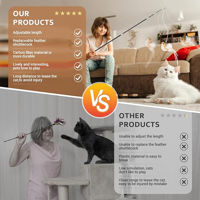 ROSAUI Cat Teaser Wand Toys, Interactive Bird Toys for Indoor Kittens, 47’’ Long Cat Fishing Pole Toys, 2X Wires and 5X Natural Refills, Sustainable Wooden Handles, Exercising, Playing