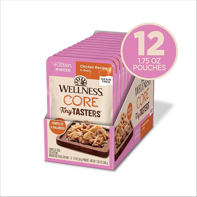 Wellness CORE Tiny Tasters Gravy Kitten Wet Cat Food, Natural, Protein-Rich, Grain Free, 1.75-Ounce Pouch, 12 Pack, (Minced Chicken)