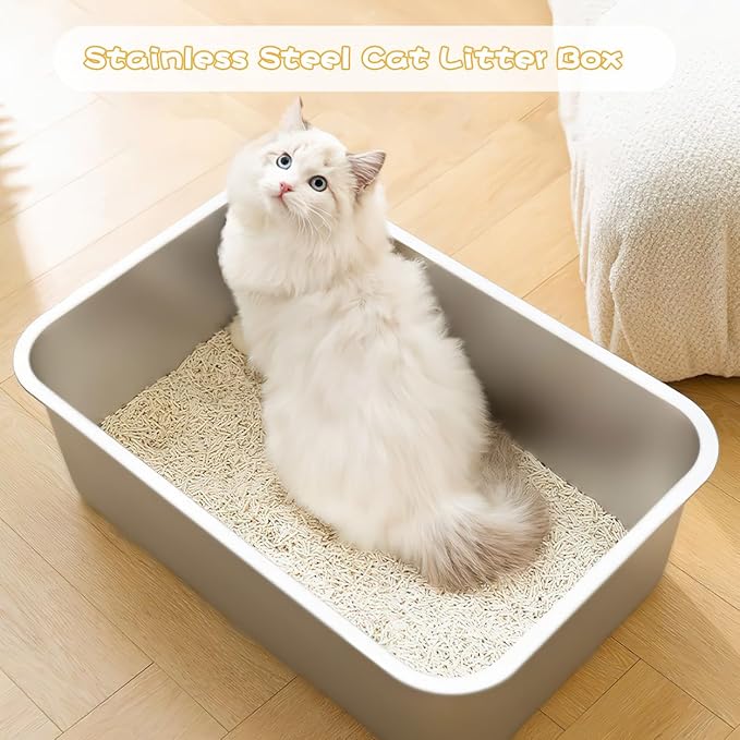 2Pcs Stainless Steel Litter Box For Cats, Metal Cat Litter Box, Stainless Steel Open Cat Litter Pan, Never Absorb Odor Stains,rustproof, Easy Cleaning Litter Pan For Cat, Dog & Rabbit long-lasting Pan