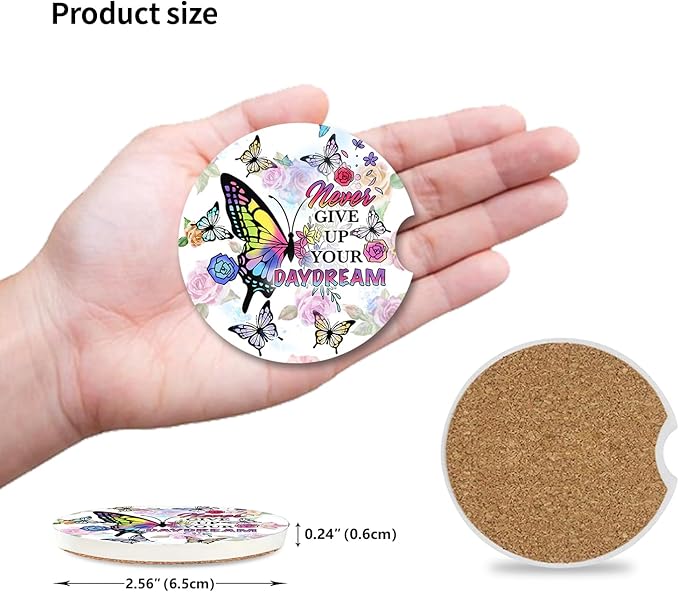 Car Coasters 2 Pack, Small 2.56" Ceramic Stone & Non-Scratch Cork Base Car Cupholder Absorbent Coaster Set for Women/Men Drink Cup Holder Coasters (Butterfl)