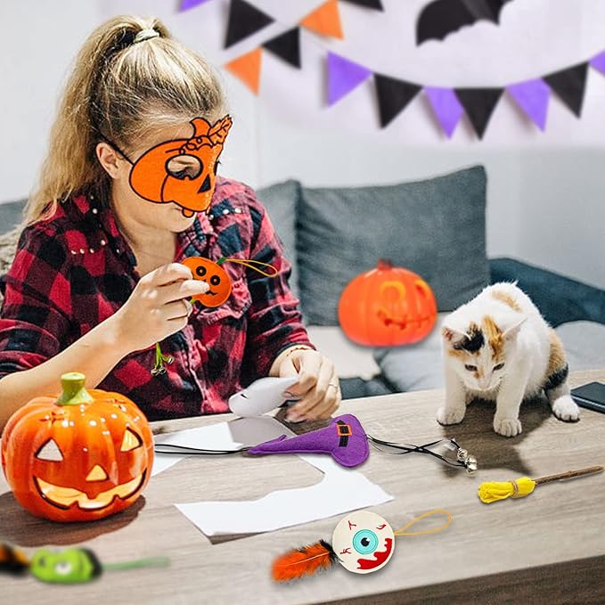 Halloween Cat Toys for Indoor Cats, 4Pcs Catnip Toys with 1 Natural Silvervine Stick, Halloween Interactive Cat Toys with Feather and Bells for Indoor Cats & Kitten & Kitty