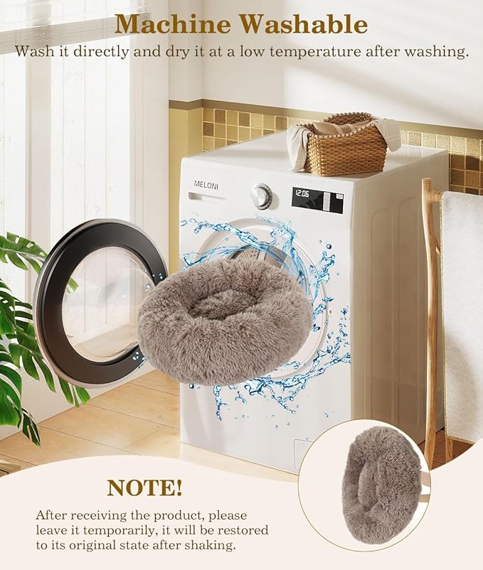 Round Dog Bed for Small Dogs, Donut Cuddler Plush Cat Calming Bed with Machine Washable, Non-Slip Fluffy Dog & Cat Calming Cushion Bed for Joint-Relief and Sleep Improvement, S Size, Khaki