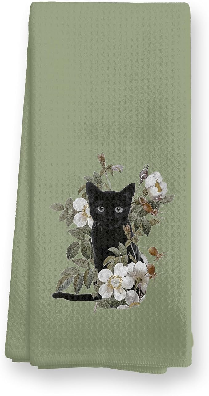 Black Cat Gifts Kitchen Dish Towels Hand Towels for Bathroom Kitchen Decor, Gifts for Cat Mom Lover and Women,16x24 Inch(Green)