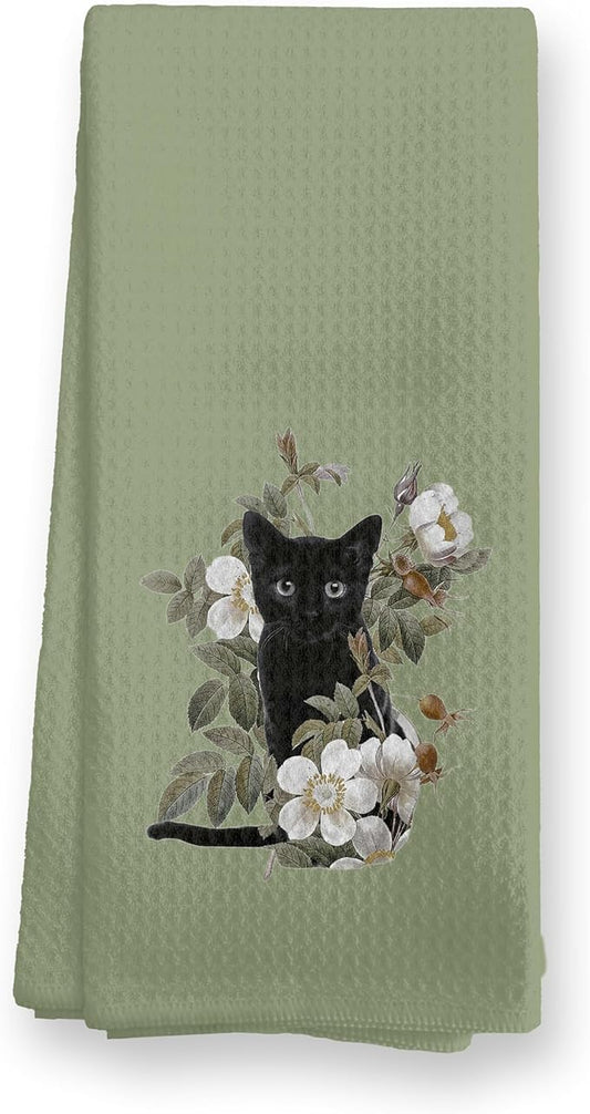 Black Cat Gifts Kitchen Dish Towels Hand Towels for Bathroom Kitchen Decor, Gifts for Cat Mom Lover and Women,16x24 Inch(Green)