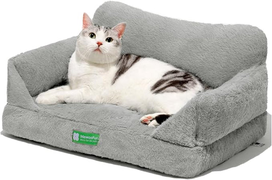 MEWOOFUN Cat Couch Bed for Indoor Cats, Fluffy Cat Sofa for Small Pets with Removable Washable Cover, Cute Cat Bed with Non-Slip Bottom, Cat Beds & Furniture for Small Pets(Grey,S)
