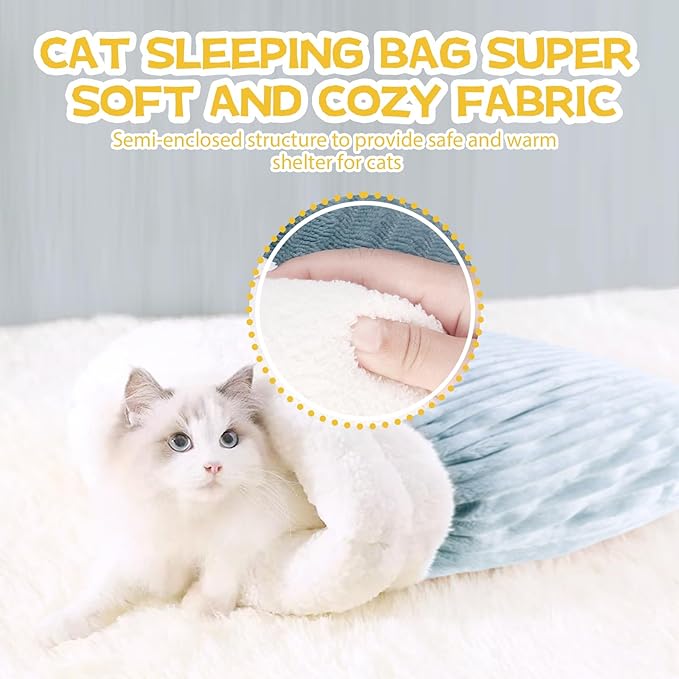 Cat Winter Sleeping Bag, Cat Bed Cave Sleeping Bag, Cat Sleeping Bag, 360°Wrap Comfortable Pet Snuggle Sack, Soft Plush Large Cat Sack - Size L（Gray Blue）