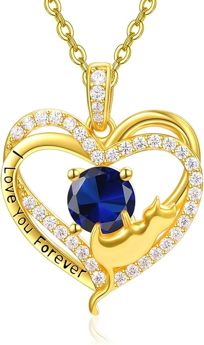 Birthstone Cat Necklaces,925 Sterling Silver Cat Necklace Heart Pendant for Women,Dainty Animal Jewelry for Her,Wedding Anniversary Birthday Gifts for Women Mom Grandma